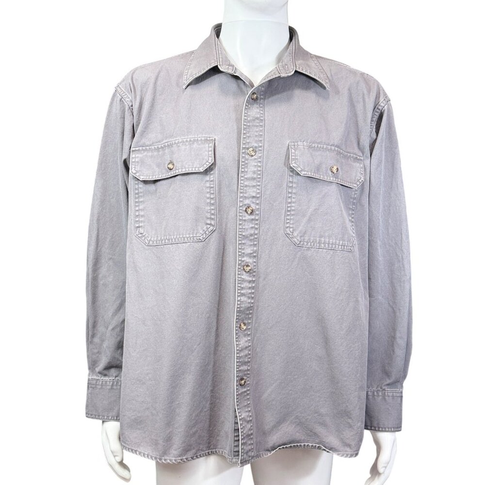 Cabelas Mens Long Sleeve Button-Up Grey Shirt Size L 100% Cotton Workwear Style